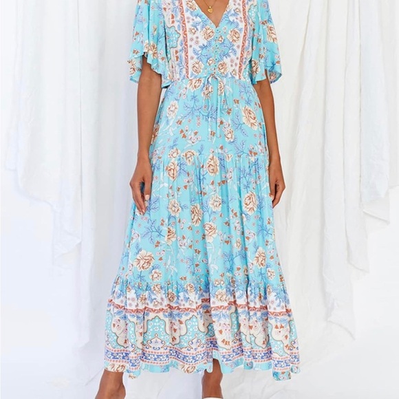 Dresses & Skirts - Floral Blue Boho Midi Summer Flowy Dress with Adjustable Waist Tie
